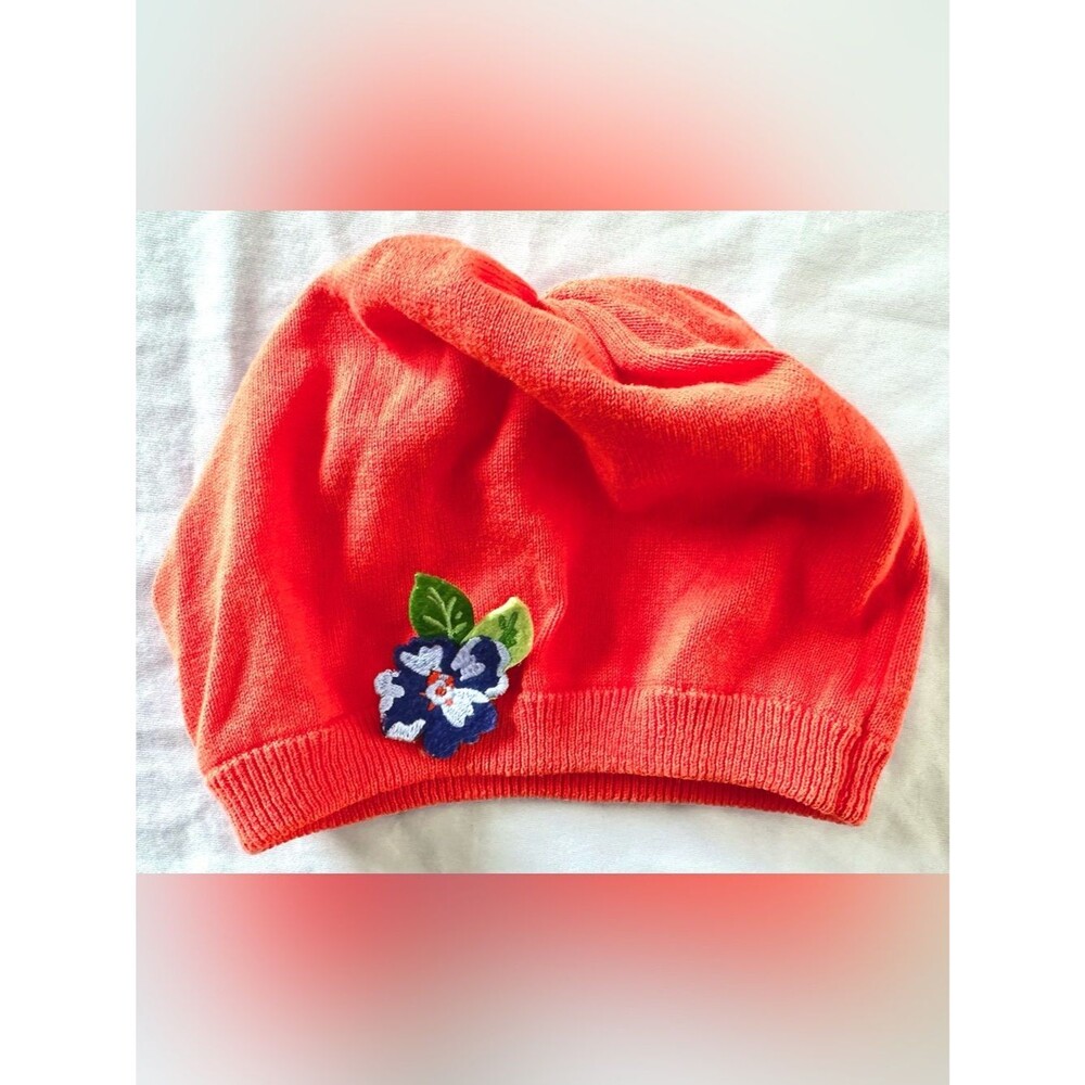 Gymboree Girls Large L (4-8Y) Orange Knit Beret Hat Floral Applique 100% Cotton